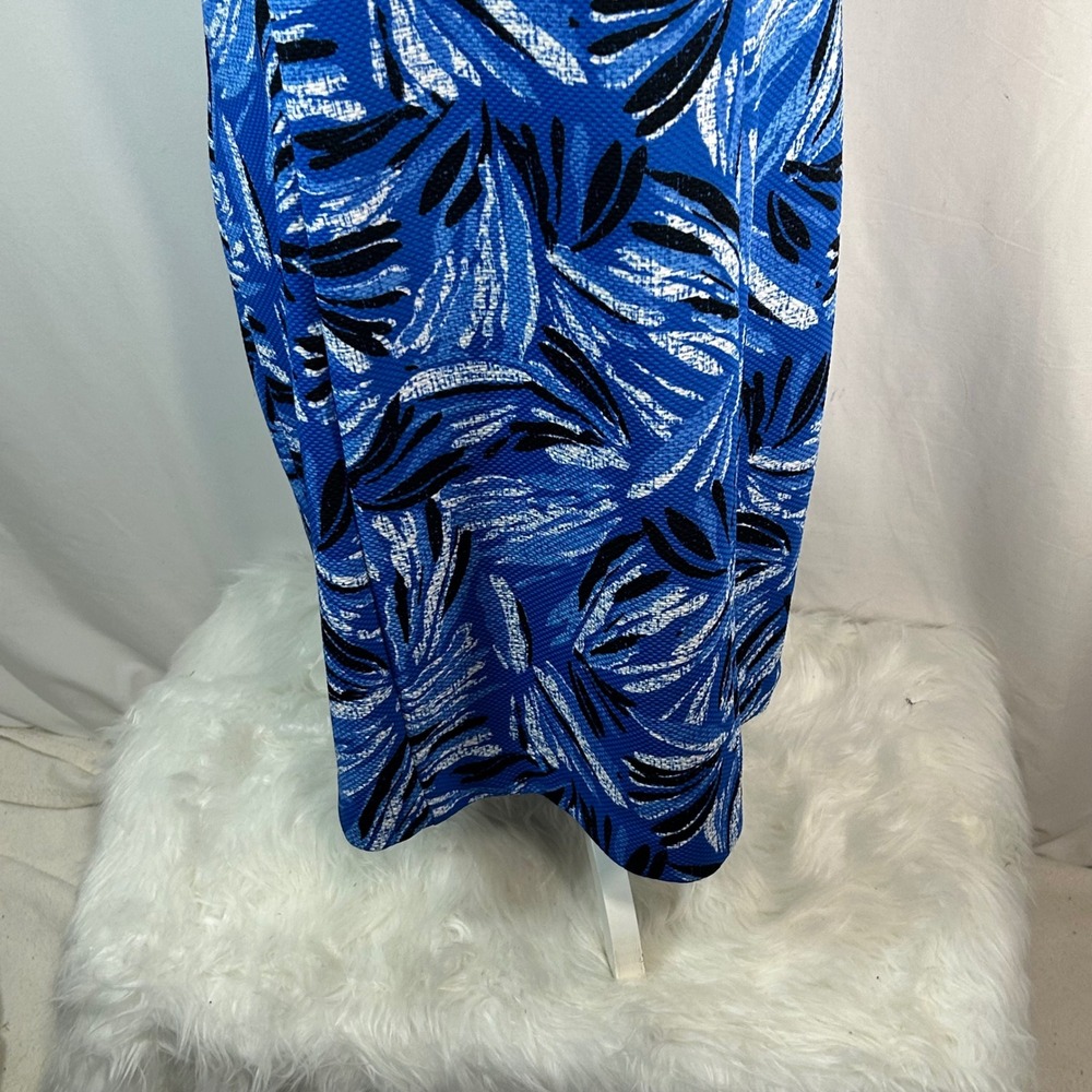 Cappagallo Blue White Abstract Leaf Print Sleeveless V-Neck Midi Dress Size 14‎ - Picture 4 of 7